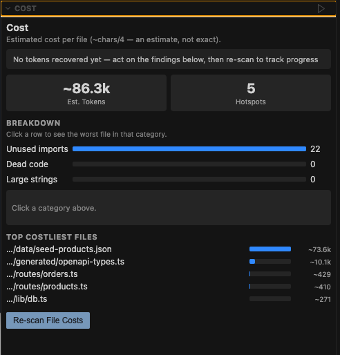 Cost — model-agnostic token cost per file, ranked, with a recovered-tokens tracker