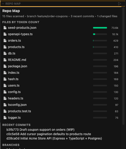 Repo Map — files ranked by token cost with branch and recent-commit context