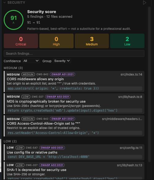 Security Scanner — 44 detectors with severity, confidence, and CWE IDs